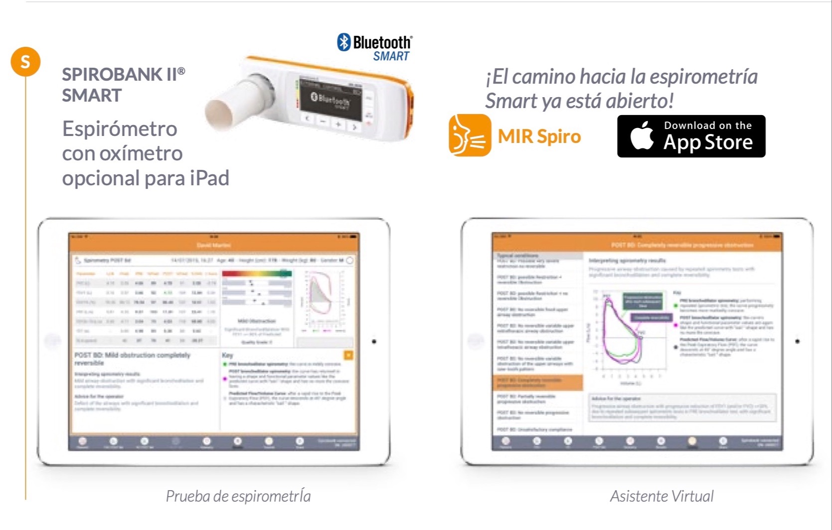 Spirobank II Smart con Bluetooth y la app MIR Spiro en iPad, con pantallas de prueba de espirometría y asistente virtual
