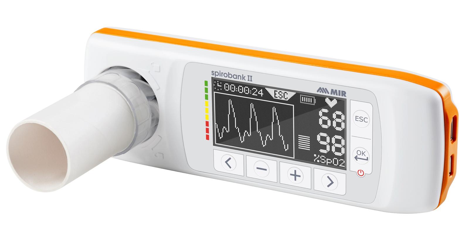 Spirobank II Smart con la pantalla mostrando lectura de oximetría: SpO2 98% y frecuencia cardíaca 68 lpm