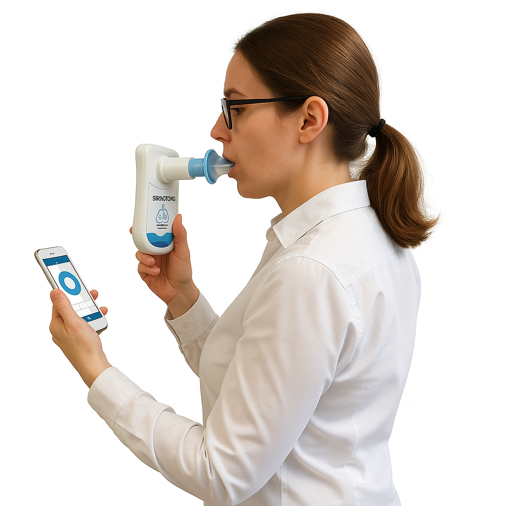 Prueba SNIF con Spiroforce: paciente con sensor nasal mientras revisa el resultado en la aplicación del teléfono