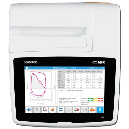 Espirómetro MIR Spirolab, vista frontal con pantalla táctil y logo MIR